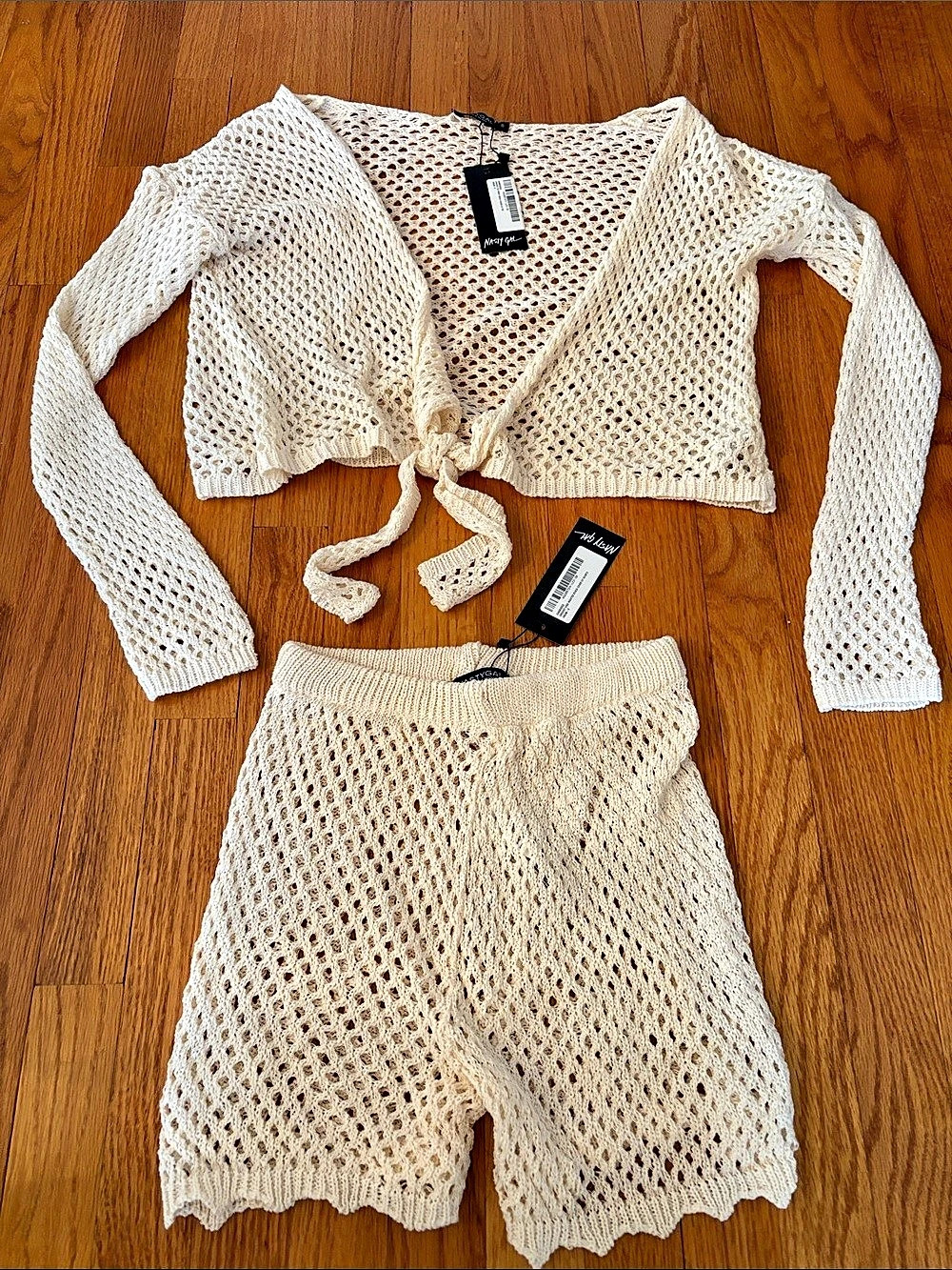 Nasty Gal Crochet Tie Front Beach Cover Up Top & High Waisted Shorts Set Crochet